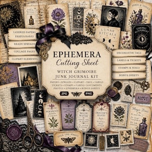 May include: A collection of ephemera for a witch grimoire junk journal kit. The image features layered papers, decorative tags, labels, stamps, and cards with botanical and celestial designs. Includes a variety of vintage-style elements.