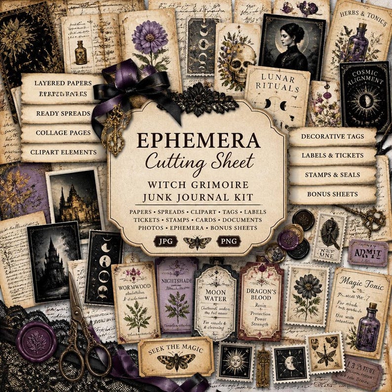 May include: A collection of ephemera for a witch grimoire junk journal kit. The image features layered papers, decorative tags, labels, stamps, and cards with botanical and celestial designs. Includes a variety of vintage-style elements.