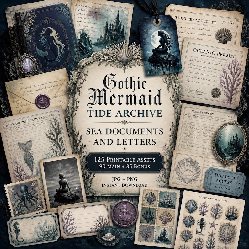 May include: A collection of printable assets titled Gothic Mermaid Tide Archive, featuring sea-themed documents, letters, and ephemera. The set includes illustrations of mermaids, castles, seashells, and octopuses in a vintage, dark aesthetic.