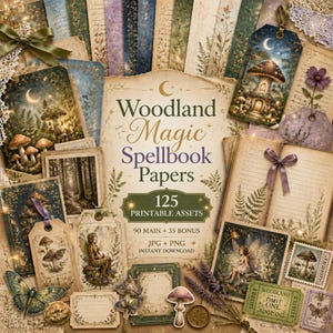 May include: A collection of Woodland Magic Spellbook Papers featuring 125 printable assets including vintage-style tags, cards, and stationery with illustrations of mushrooms, fairies, butterflies, and forest scenes in shades of green, gold, and purple.