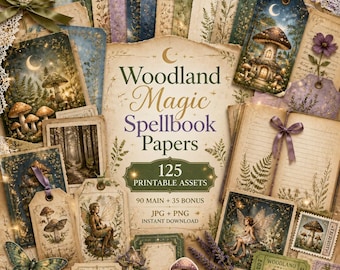 Magic junk journal, Kit, magic journal, magic printables, Woodland Magic Spellbook Papers