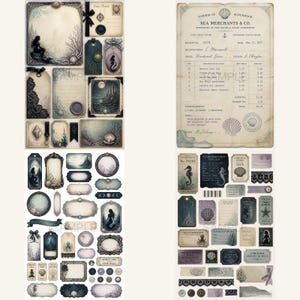 May include: A collection of nautical-themed paper ephemera featuring vintage-style tags, labels, and stationery. Designs include illustrations of mermaids, seashells, coral, lighthouses, and antique receipts in shades of cream, navy blue, and muted teal.