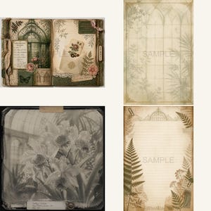 May include: A collection of digital scrapbook papers featuring vintage botanical themes, greenhouse illustrations, fern motifs, and lined stationery pages with aged paper textures, floral accents, and the word SAMPLE printed across the designs.