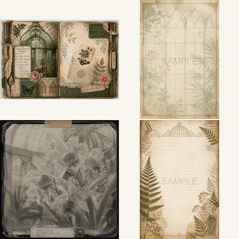 May include: A collection of digital scrapbook papers featuring vintage botanical themes, greenhouse illustrations, fern motifs, and lined stationery pages with aged paper textures, floral accents, and the word SAMPLE printed across the designs.