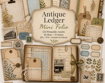 Ledger junk journal, Kit, printable ledger, ledger paper, Antique Ledger Mini Folio