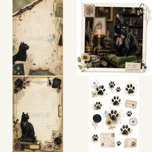 May include: A collection of stationery items featuring black cat illustrations, vintage-style paper with lined and blank sections, floral accents, paw prints, and decorative labels with text including No. 27 Curiosity Cabinet and Chat Noir Paris.
