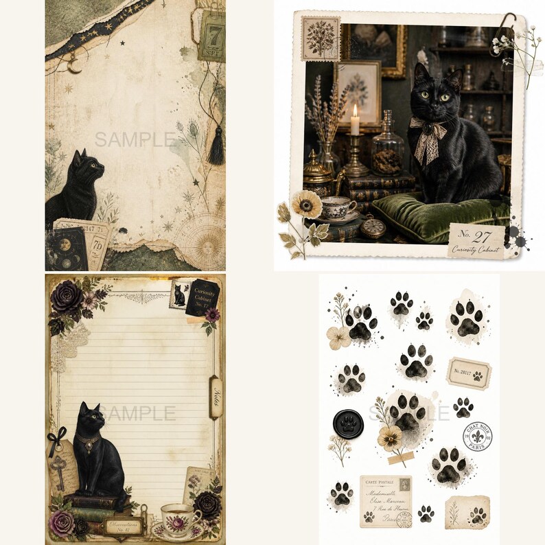 May include: A collection of stationery items featuring black cat illustrations, vintage-style paper with lined and blank sections, floral accents, paw prints, and decorative labels with text including No. 27 Curiosity Cabinet and Chat Noir Paris.