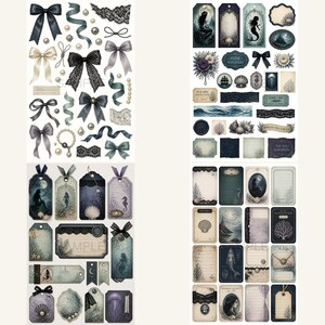 May include: A collection of decorative paper ephemera featuring four sheets of stickers and die-cut tags. Designs include black lace bows, ribbons, pearls, mermaids, seashells, ocean waves, coral, and vintage-style labels with nautical text.
