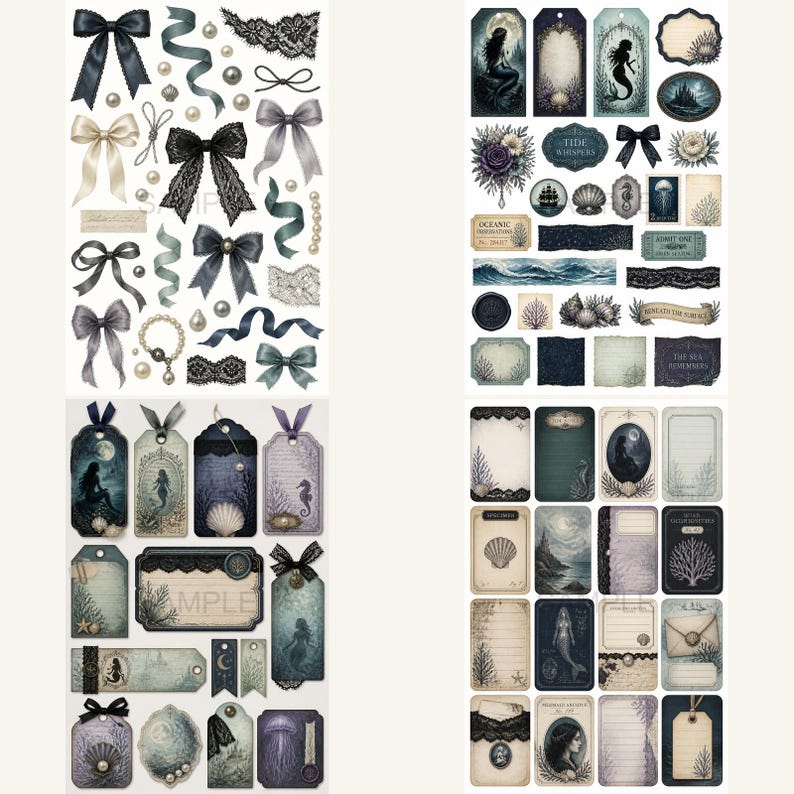 May include: A collection of decorative paper ephemera featuring four sheets of stickers and die-cut tags. Designs include black lace bows, ribbons, pearls, mermaids, seashells, ocean waves, coral, and vintage-style labels with nautical text.