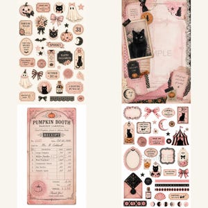 K&ouml;nnte beinhalten: Eine Sammlung von Halloween-Themen-Scrapbook-Aufklebern und Ephemera in Rosa, Schwarz und Creme. Enth&auml;lt Bilder von schwarzen Katzen, K&uuml;rbissen, Geistern, Schleifen und Ticket-Stubben. Einige Aufkleber haben Text wie "Spooky" und "Happy Halloween".