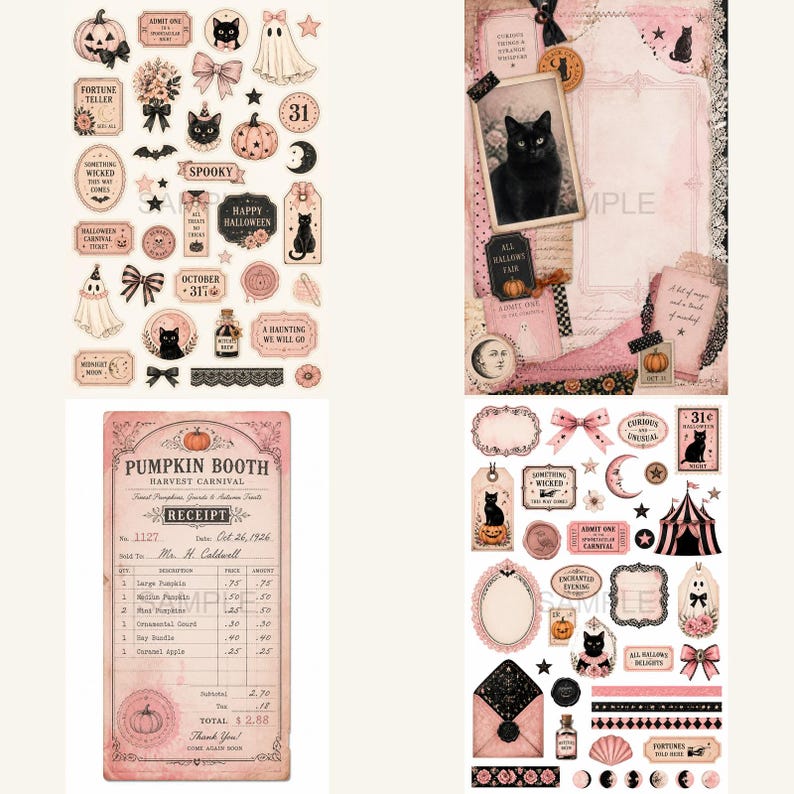 K&ouml;nnte beinhalten: Eine Sammlung von Halloween-Themen-Scrapbook-Aufklebern und Ephemera in Rosa, Schwarz und Creme. Enth&auml;lt Bilder von schwarzen Katzen, K&uuml;rbissen, Geistern, Schleifen und Ticket-Stubben. Einige Aufkleber haben Text wie "Spooky" und "Happy Halloween".