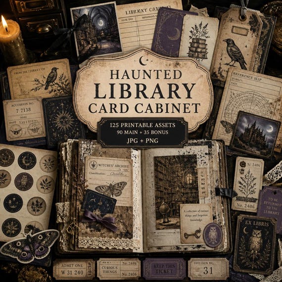 Library junk journal, Kit, library journal, library clipart, Haunted Library Card Cabinet