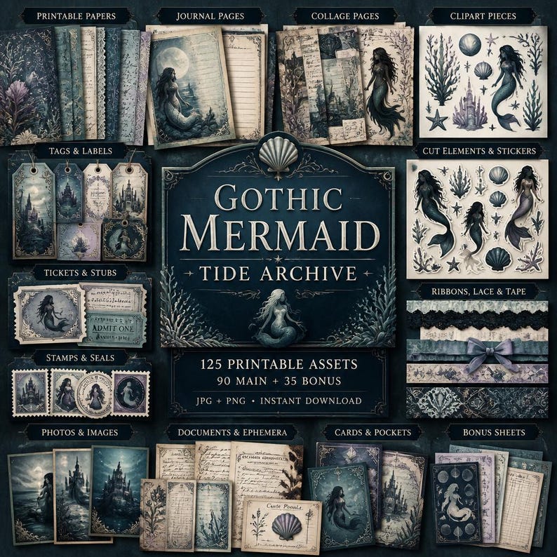 May include: A digital collection titled Gothic Mermaid Tide Archive featuring 125 printable assets including journal pages, collage sheets, mermaid clipart, tags, labels, tickets, stamps, seals, photos, documents, and ribbons in dark blue tones.