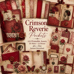 May include: A collection of printable digital assets titled Crimson Reverie Pockets, featuring vintage-style ephemera, rose illustrations, lace accents, wax seals, envelopes, and journal pages in deep red and cream tones for scrapbooking projects.