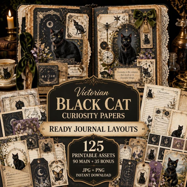 May include: A collection of Victorian-style printable journal papers featuring black cat illustrations, celestial motifs, and vintage floral patterns. The set includes 125 assets with text reading Victorian Black Cat Curiosity Papers Ready Journal Layouts.