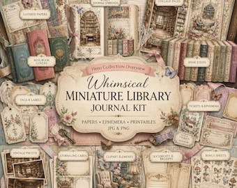 Miniature Books Junk Journal Kit, Tiny Library Epheera, DIY Miniature Books, Vintage Printable Papers