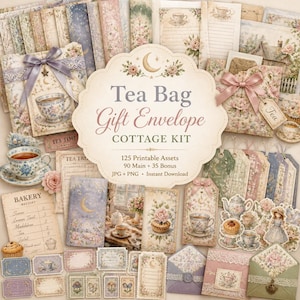Może przedstawiać: Cyfrowy zestaw do rękodzieła o nazwie Tea Bag Gift Envelope Cottage Kit zawierający 125 elementów do druku, w tym koperty w kwiatowe wzory, zawieszki na prezenty, papeterię oraz ilustracje z motywem herbaty w pastelowych barwach.