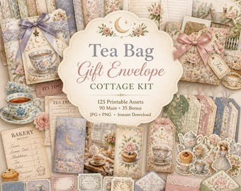 Diario de té, kit, imágenes prediseñadas para fiestas de té, artículos efímeros de té, kit de sobres de regalo con bolsitas de té estilo cabaña