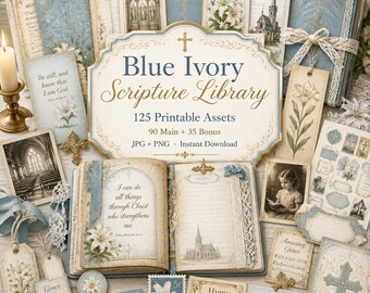 Christian junk journal, Kit, bible journal kit, prayer journal printable, Blue Ivory Scripture Library