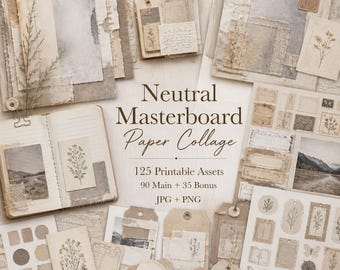 Junk journal neutro, Kit, sfondo neutro, elementi decorativi neutri, collage di carta Masterboard neutra