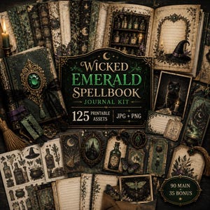 Puede incluir: Un kit de diario digital titulado Wicked Emerald Spellbook que incluye 125 recursos imprimibles en formatos JPG y PNG. La colección contiene páginas de estilo vintage, ilustraciones de frascos de pociones, un gato negro y marcos ornamentados.