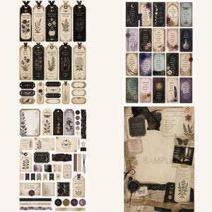 May include: A collection of vintage-style paper ephemera, including bookmarks, tags, and cards. The items feature botanical illustrations, celestial motifs, and handwritten text. Colors include black, cream, and purple. The text includes phrases like "Moonlight Dreams" and "Elixir".