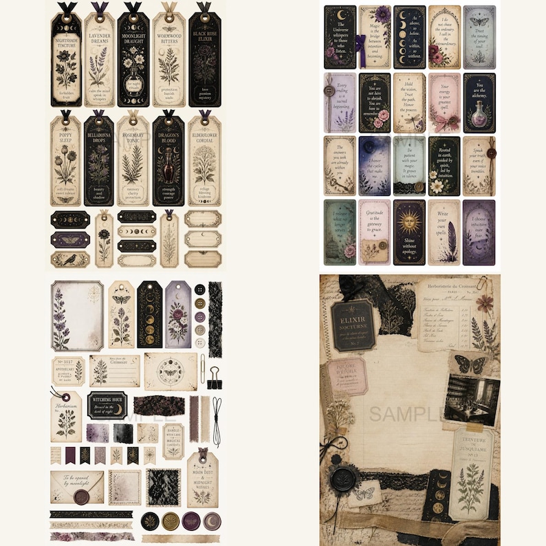 May include: A collection of vintage-style paper ephemera, including bookmarks, tags, and cards. The items feature botanical illustrations, celestial motifs, and handwritten text. Colors include black, cream, and purple. The text includes phrases like "Moonlight Dreams" and "Elixir".