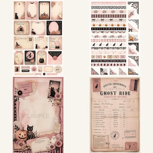 K&ouml;nnte beinhalten: Eine Sammlung von Halloween-Themen-Scrapbook-Papier und Ephemera in Rosa, Schwarz und Creme. Enth&auml;lt Karten, Etiketten, dekorative Bord&uuml;ren und eine Vintage-Eintrittskarte. Mit K&uuml;rbissen, Katzen und Hexen-Bildern.