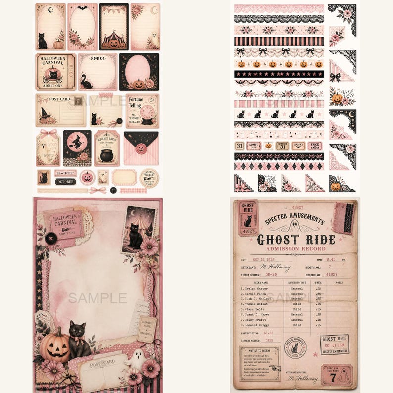 K&ouml;nnte beinhalten: Eine Sammlung von Halloween-Themen-Scrapbook-Papier und Ephemera in Rosa, Schwarz und Creme. Enth&auml;lt Karten, Etiketten, dekorative Bord&uuml;ren und eine Vintage-Eintrittskarte. Mit K&uuml;rbissen, Katzen und Hexen-Bildern.