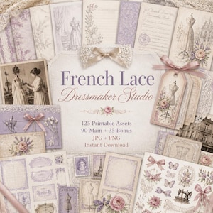 May include: A collection of printable digital assets titled French Lace Dressmaker Studio, featuring vintage-style illustrations of dress forms, floral patterns, sewing machines, and script text in shades of lavender, cream, and soft brown.