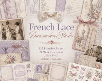 Sewing junk journal, Kit, haberdashery ephemera, dressmaker printable, French Lace Dressmaker Studio