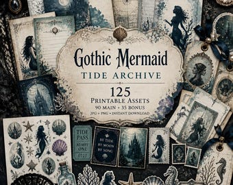 Mermaid junk journal ephemera, Kit, mermaid print, mermaid paper, Gothic Mermaid Tide Archive
