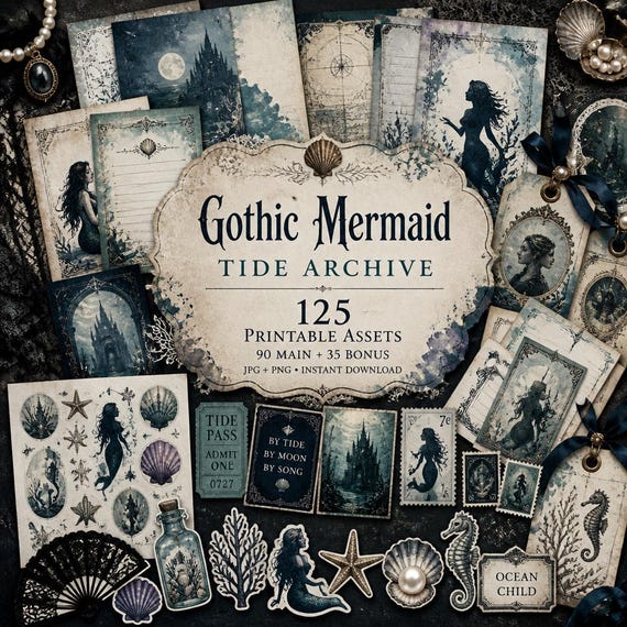 Mermaid junk journal ephemera, Kit, mermaid print, mermaid paper, Gothic Mermaid Tide Archive