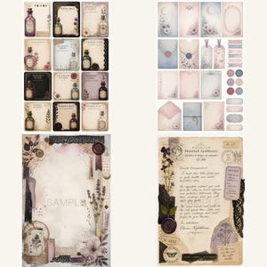 May include: A collection of vintage-style paper ephemera, including cards, tags, and labels. The designs feature botanical illustrations, potion bottles, and handwritten text. The color palette includes soft pinks, purples, and creams, with a distressed aesthetic.