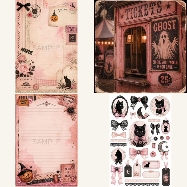 K&ouml;nnte beinhalten: Eine Collage mit Halloween-Themen in Rosa und Schwarz. Enth&auml;lt dekoratives Papier mit Blumen- und Katzenmotiven, einen Ticketschalter mit Geisterzeichen und verschiedene Aufkleber mit Schleifen, Katzen und Etiketten. Der Text enth&auml;lt "TICKETS", "GHOST" und "HALLOWEEN CARNIVAL".