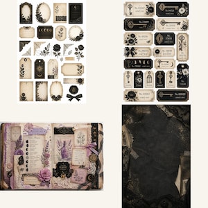 May include: A collection of vintage-style ephemera, including tags, labels, and decorative elements. The designs feature floral motifs, keys, and celestial imagery in black and cream tones. A journal with purple and lavender accents is also visible.