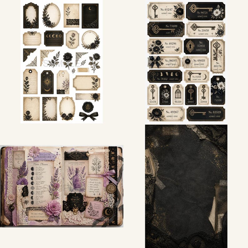 May include: A collection of vintage-style ephemera, including tags, labels, and decorative elements. The designs feature floral motifs, keys, and celestial imagery in black and cream tones. A journal with purple and lavender accents is also visible.