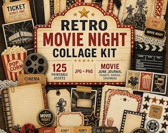 Movie junk journal, Kit, movie journal, movie clipart, Retro Movie Night Collage Kit