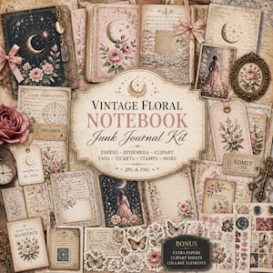 May include: A collection of vintage-style paper ephemera, tags, and notebooks with floral and celestial designs. The kit includes a variety of papers, clipart, and collage elements. The text on the central sign reads "VINTAGE FLORAL NOTEBOOK Junk Journal Kit."