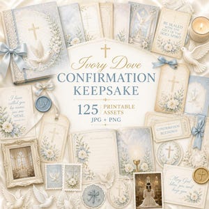 Puede incluir: Una colección de 125 recursos imprimibles para un recuerdo de confirmación, con diseños en marfil y azul que incluyen palomas, cruces y motivos florales. Incluye tarjetas, etiquetas y páginas con el texto Ivory Dove CONFIRMATION KEEPSAKE.