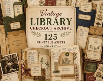 Library junk journal, Kit, library clipart, library journal, Vintage Library Checkout Archive