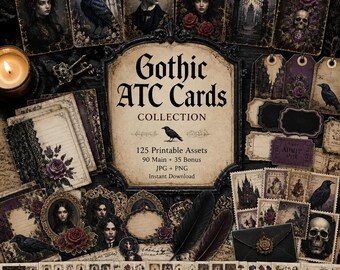 Carte ATC gotiche, kit Junk Journal, carte ATC digitali, carte ATC stampabili, collezione di carte ATC gotiche