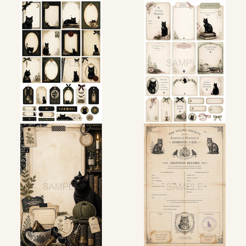 May include: A collection of stationery items featuring black cat illustrations, vintage-style paper textures, and decorative borders. The set includes various note cards, gift tags, labels, and a feline society adoption record form with text.