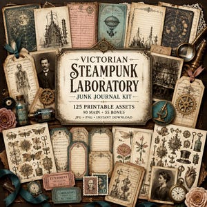 May include: A selection of vintage ephemera, including journal pages and illustrations, arranged on a dark wooden surface. The central element is a sign that reads "Victorian Steampunk Laboratory." The kit includes 125 printable assets.
