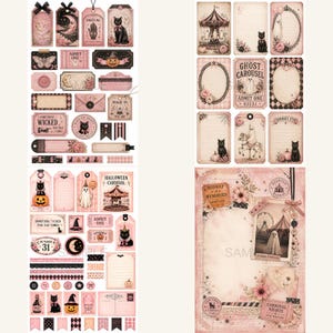 K&ouml;nnte beinhalten: Eine Sammlung von Halloween-Themen-Ephemera in Rosa und Creme, darunter Anh&auml;nger, Etiketten und dekorative Elemente. Die Designs zeigen schwarze Katzen, K&uuml;rbisse, Geister und Jahrmarktbilder. Der Text enth&auml;lt "Wicked", "October 31" und "Ghost Carousel."