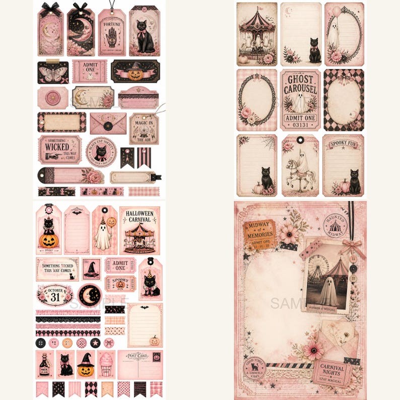 K&ouml;nnte beinhalten: Eine Sammlung von Halloween-Themen-Ephemera in Rosa und Creme, darunter Anh&auml;nger, Etiketten und dekorative Elemente. Die Designs zeigen schwarze Katzen, K&uuml;rbisse, Geister und Jahrmarktbilder. Der Text enth&auml;lt "Wicked", "October 31" und "Ghost Carousel."
