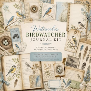 May include: A digital watercolor birdwatcher journal kit featuring vintage ephemera, bird illustrations, nests with eggs, feathers, and lined paper textures. The text reads Watercolor BIRDWATCHER JOURNAL KIT, 125 printable assets, 90 main + 35 bonus.
