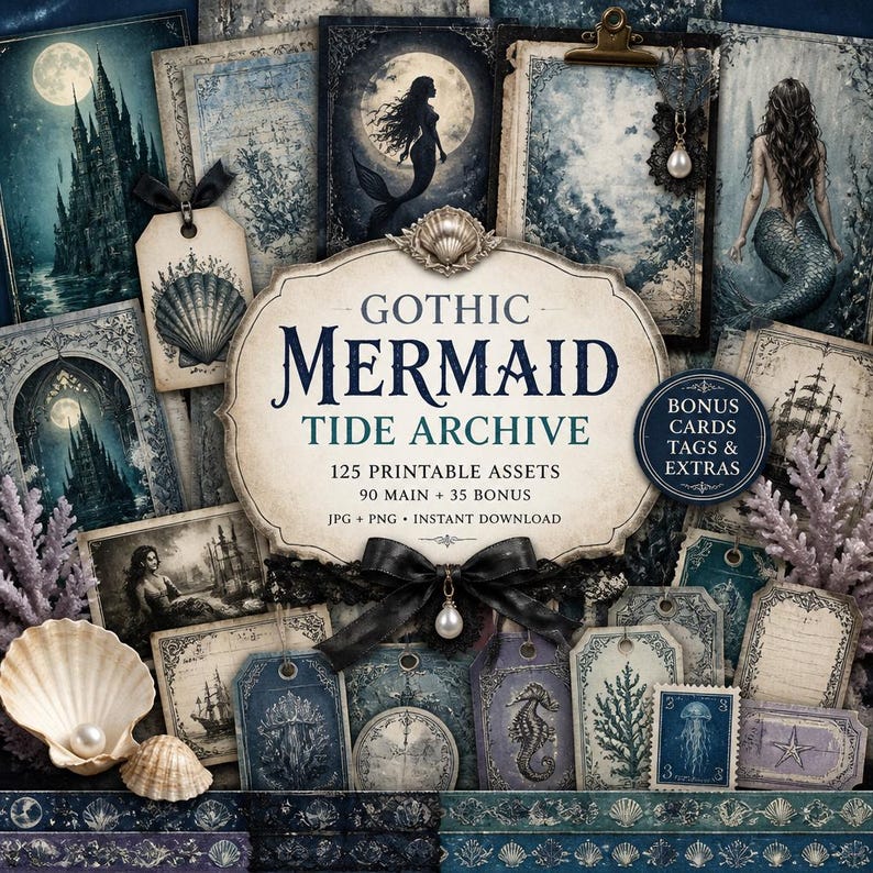 May include: A collection of printable assets featuring a Gothic Mermaid Tide Archive theme. The set includes various cards, tags, and decorative papers with dark blue and cream tones, mermaid illustrations, sea life, and castle imagery.