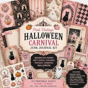 K&ouml;nnte beinhalten: Ein digitales Junk-Journal-Kit im Vintage-Halloween-Stil. Das Design zeigt rosa und schwarze Farben, K&uuml;rbisse, schwarze Katzen und Zirkusmotive. Das Kit enth&auml;lt druckbare Papiere, Tags und Ephemera. Der Text lautet "Pink Vintage Halloween Carnival Junk Journal Kit".
