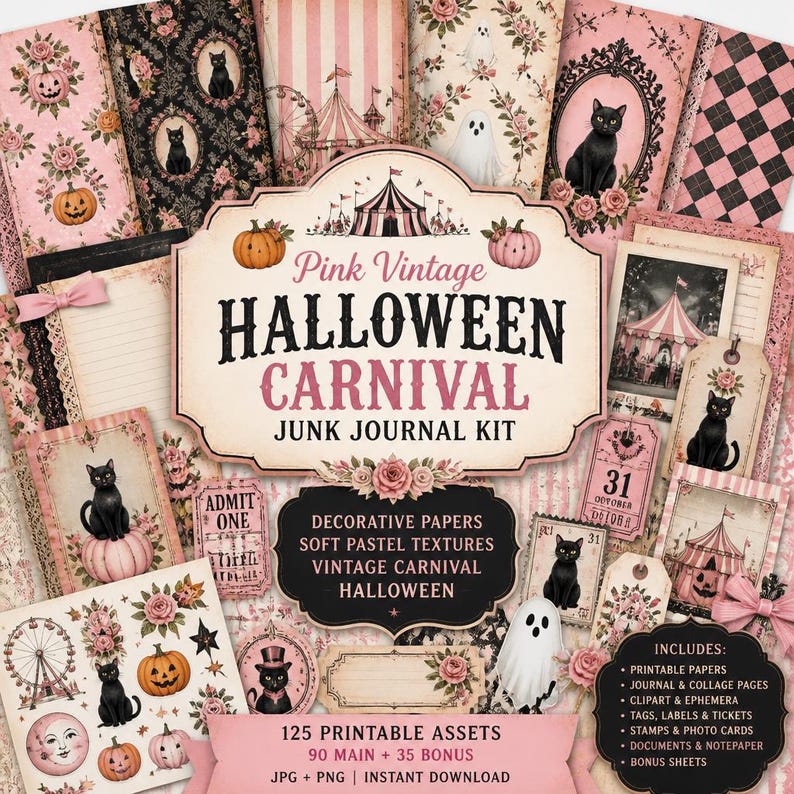 K&ouml;nnte beinhalten: Ein digitales Junk-Journal-Kit im Vintage-Halloween-Stil. Das Design zeigt rosa und schwarze Farben, K&uuml;rbisse, schwarze Katzen und Zirkusmotive. Das Kit enth&auml;lt druckbare Papiere, Tags und Ephemera. Der Text lautet "Pink Vintage Halloween Carnival Junk Journal Kit".